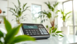 Calculate your biological age calculator with an advanced health tech interface in a bright clinic.