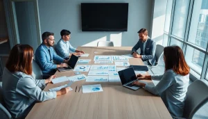 Analyze competitor pricing strategies with professionals engaged in discussion over documents.