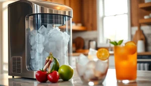 Efficient ice maker producing fresh ice cubes, styled in a bright modern kitchen.