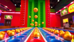 Permainan plinko demo dengan bola emas jatuh melalui pegangan, menggambarkan keseruan permainan.