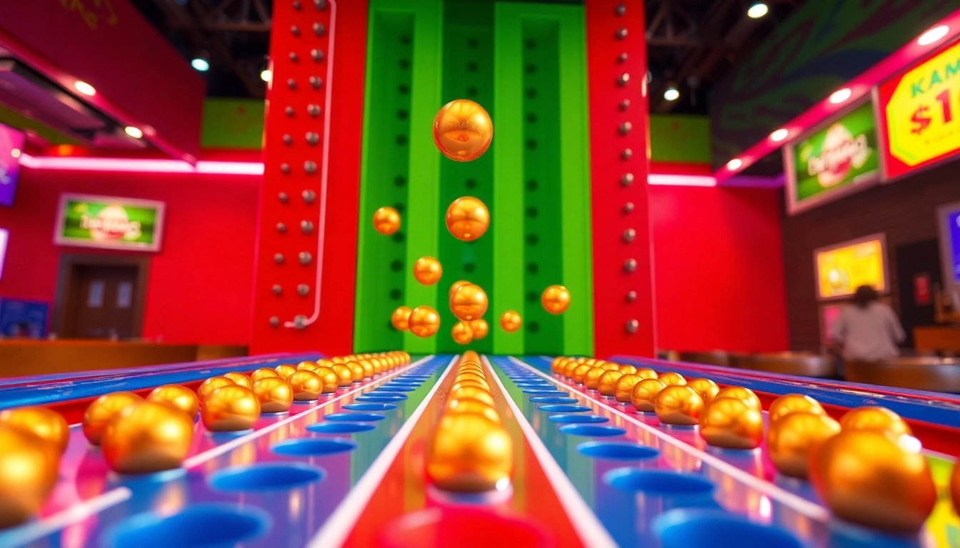 Permainan plinko demo dengan bola emas jatuh melalui pegangan, menggambarkan keseruan permainan.