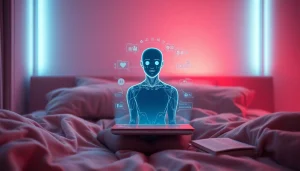 A cozy modern bedroom featuring ai chat sex interactions with a warm ambiance and digital chatbot.