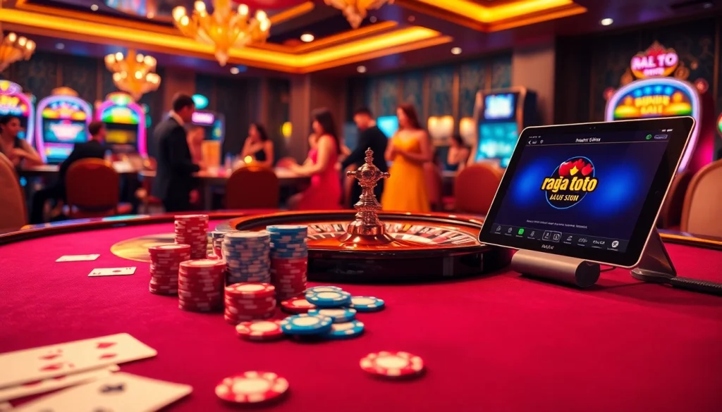 Engage with rajatoto88 at a luxurious casino table filled with poker chips and cards.