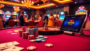 Engage with rajatoto88 at a luxurious casino table filled with poker chips and cards.