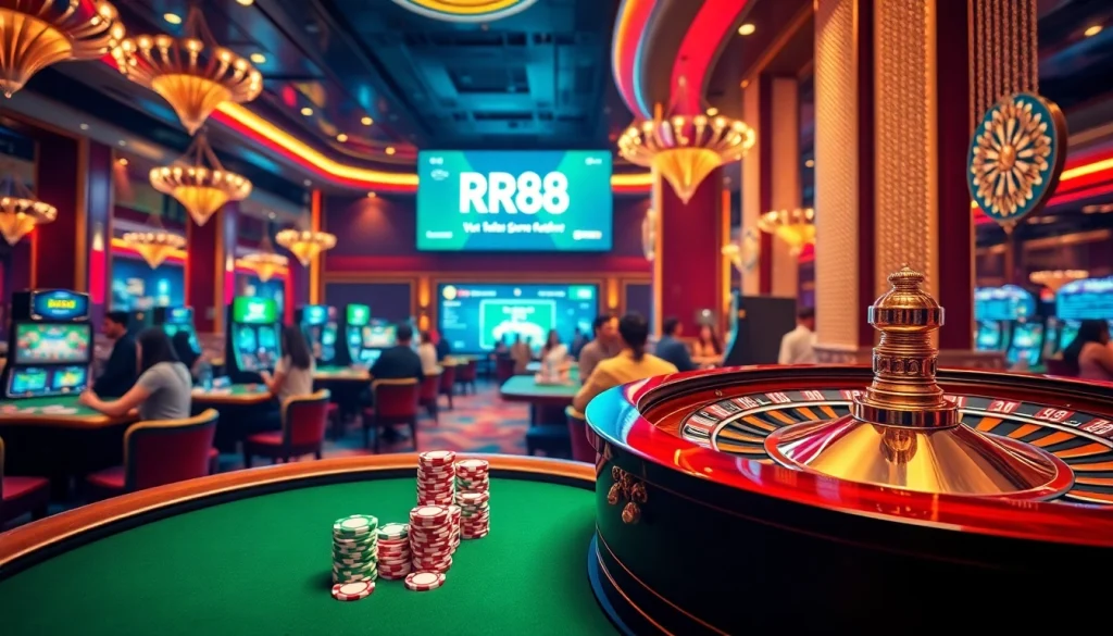 RR88 players placing bets at a glamorous casino table with vibrant poker chips.