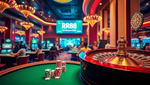 RR88 players placing bets at a glamorous casino table with vibrant poker chips.
