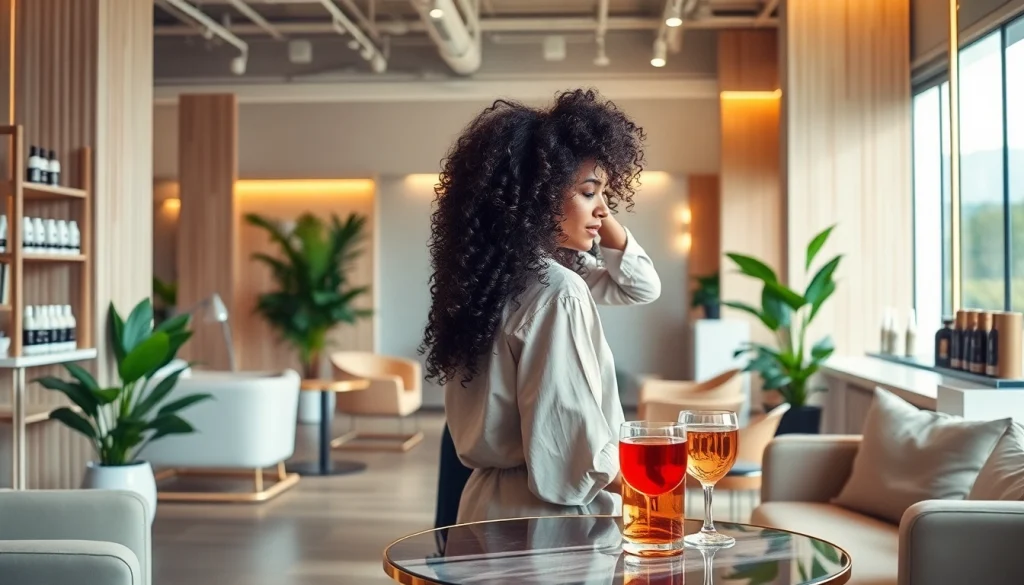 Expert stylist showcasing a vibrant perm san diego at a luxurious salon.