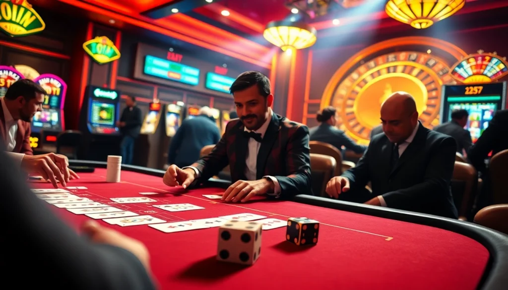 XSMB247 players strategizing at a luxury casino table with poker cards and roulette, capturing the thrill of gambling.