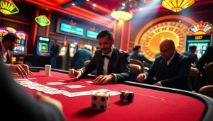 XSMB247 players strategizing at a luxury casino table with poker cards and roulette, capturing the thrill of gambling.