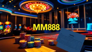 Experience the excitement of online gambling at MM88 with vibrant poker chips and casino tables.