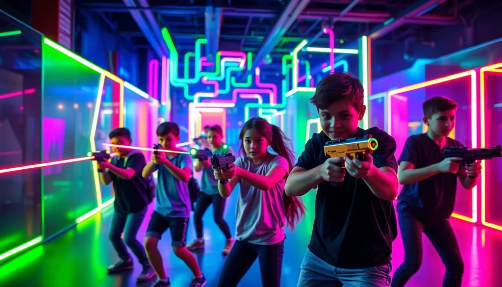 Playful group enjoying a thrilling Laser tag game in an energetic arena filled with neon lights.