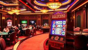 Play mahjong slot demo with a luxurious casino setup showcasing vibrant slot machines and engaging players.