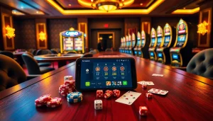 Exciting casino atmosphere showcasing https://s8glx.com app on a luxurious table with chips and cards.