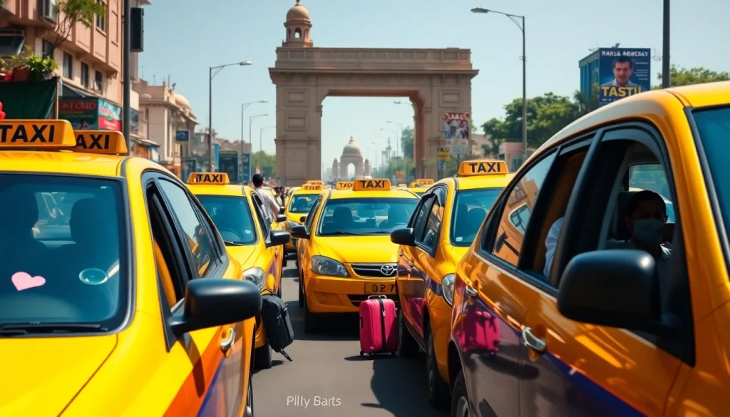 Delhi Taxi Service with vibrant taxis and diverse passengers on a busy New Delhi street.