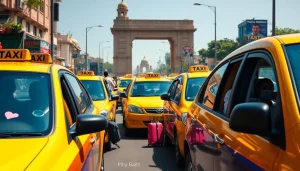Delhi Taxi Service with vibrant taxis and diverse passengers on a busy New Delhi street.