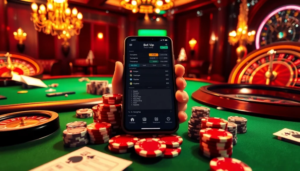 Trải nghiệm cảm giác hồi hộp của ứng dụng Bet VIP trong bối cảnh casino sang trọng được làm nổi bật bởi các yếu tố trò chơi sống động.
