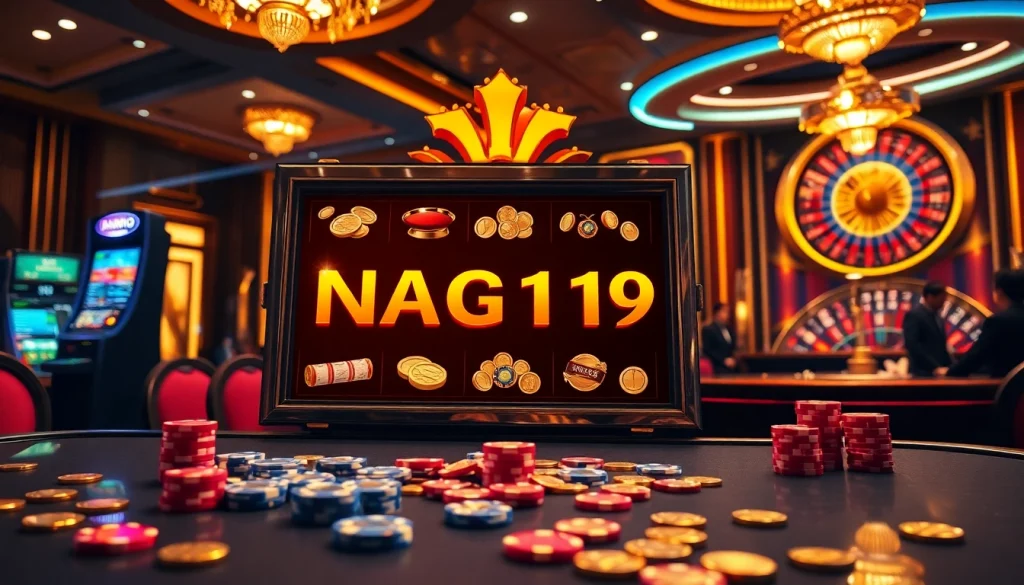 Thrilling casino scene highlighting the link alternatif Naga169 terbaru with vibrant slot machines and eager players.
