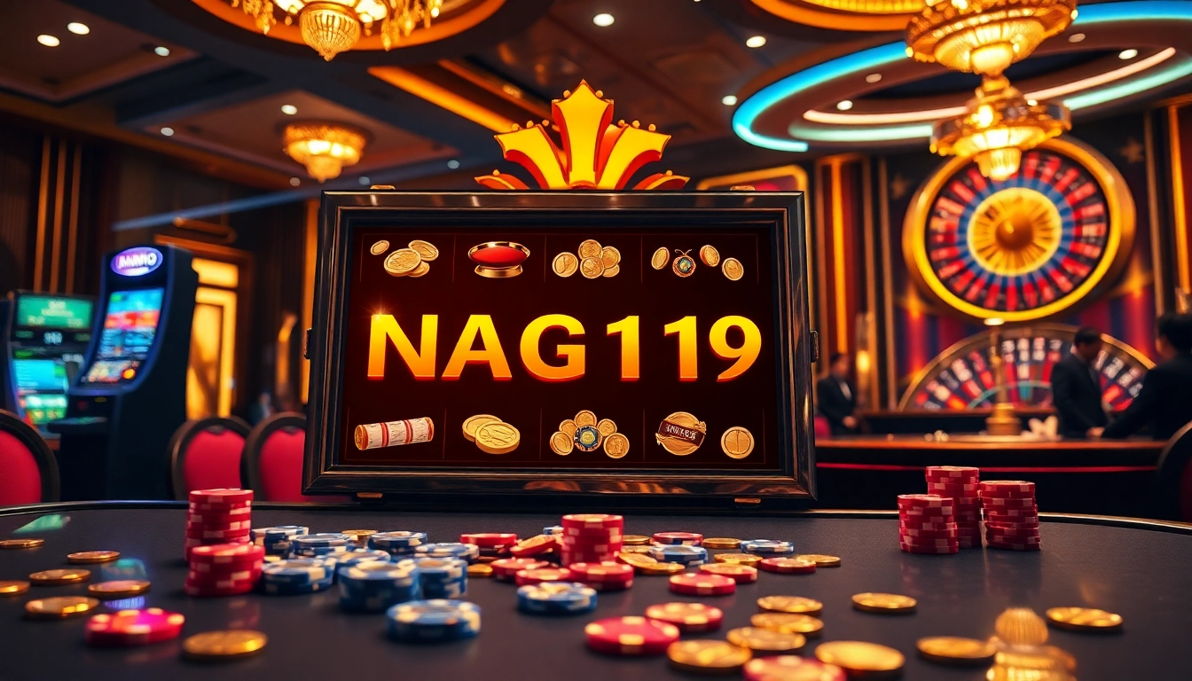 Thrilling casino scene highlighting the link alternatif Naga169 terbaru with vibrant slot machines and eager players.