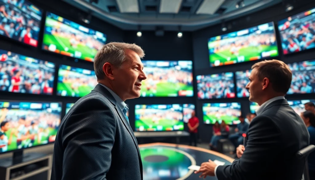 Dynamic scene depicting sports broadcasting with an announcer engaging the audience.