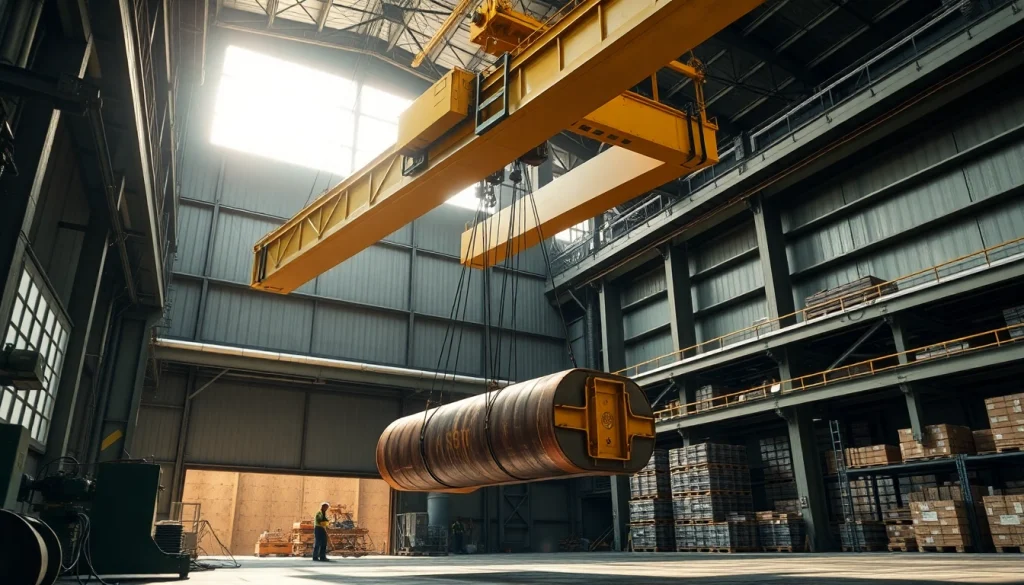 A dynamic view of a double girder bridge crane lifting heavy loads in an industrial environment, showcasing its strength.