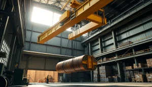 A dynamic view of a double girder bridge crane lifting heavy loads in an industrial environment, showcasing its strength.