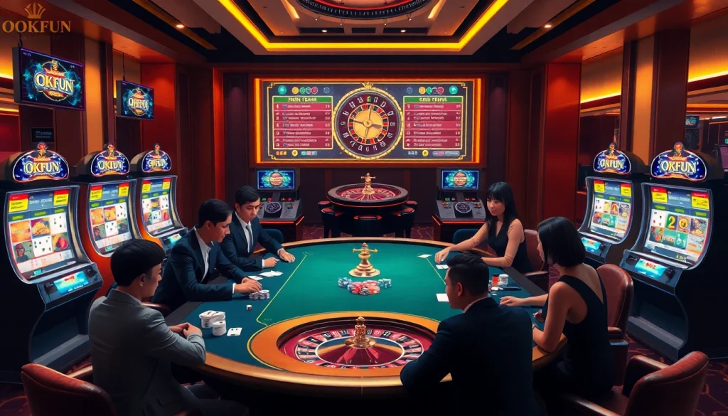 Dynamic casino scene featuring Nhà cái OKFUN gaming table and vibrant slot machines.