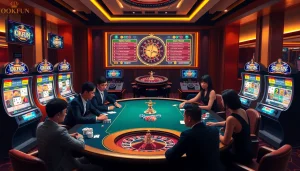 Dynamic casino scene featuring Nhà cái OKFUN gaming table and vibrant slot machines.