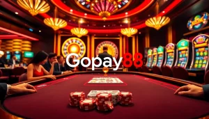 Experience the thrill of Gopay88 gaming with vibrant poker chips and a spinning roulette wheel.