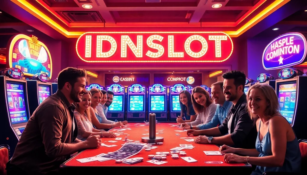 Players enjoying vibrant IDNSLOT games at a colorful casino slot machine area.