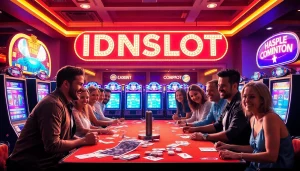 Players enjoying vibrant IDNSLOT games at a colorful casino slot machine area.