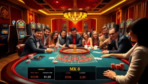 Engage in thrilling MK 8 betting action at an upscale casino table surrounded by vibrant slot machines and excited players.