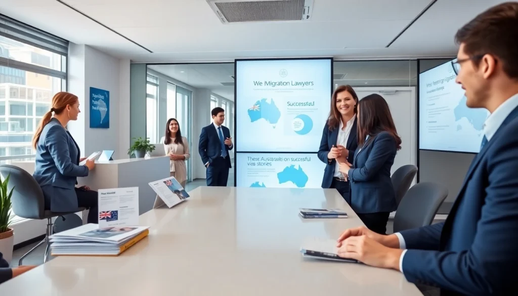Migration lawyer Sydney consulting clients in a professional office atmosphere.