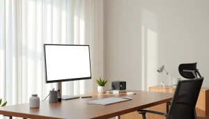 White screen on a modern monitor in a serene workspace for productivity