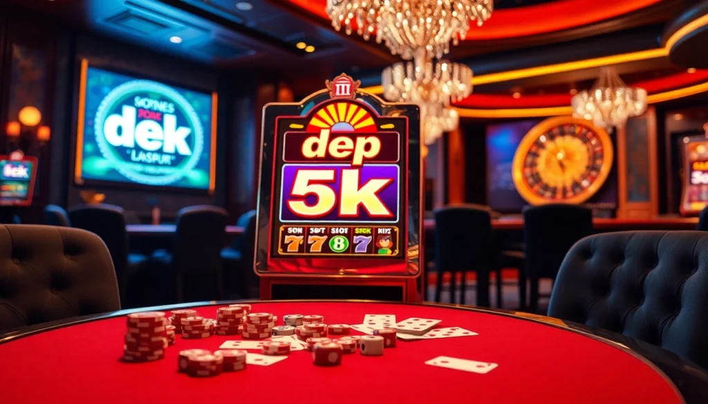 Experience the thrill of winning with depo 5k at a luxurious casino, featuring exciting slot machines and vibrant gaming elements.