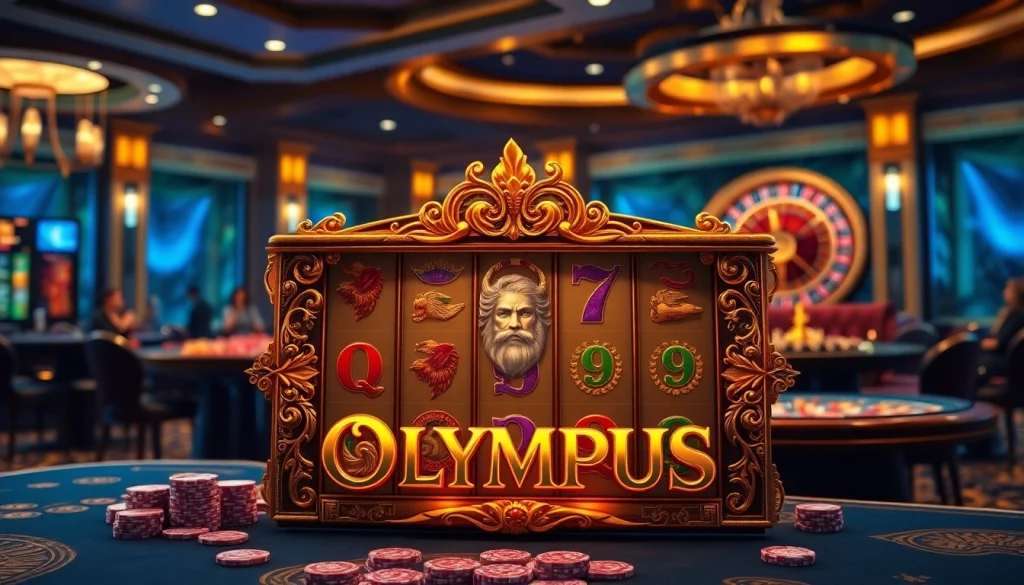 Play the exciting olympus slot surrounded by luxury casino elements and gamblers celebrating wins.