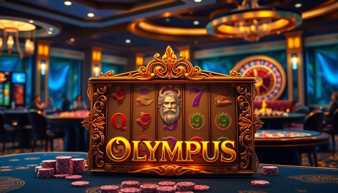 Play the exciting olympus slot surrounded by luxury casino elements and gamblers celebrating wins.