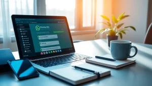 现代工作区的笔记本电脑上显示的 WhatsApp Web 界面，带有手机通知。