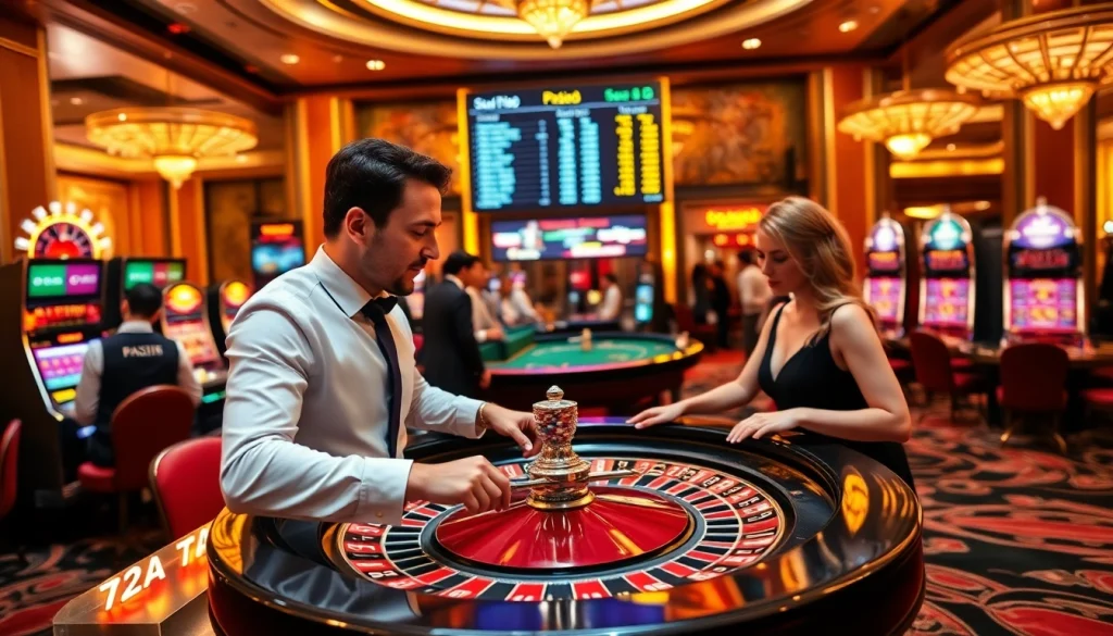 Australia migration agent discussing visa pathways against a lively casino backdrop with roulette and slot machines.