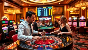 Australia migration agent discussing visa pathways against a lively casino backdrop with roulette and slot machines.