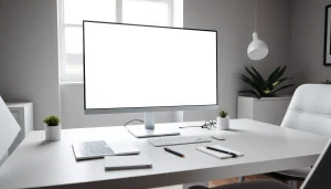 White screen displayed on a modern monitor in a clean workspace, showcasing productivity.