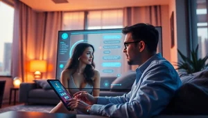 A digital companion engaging in ai sex chat with a user in a cozy urban setting.