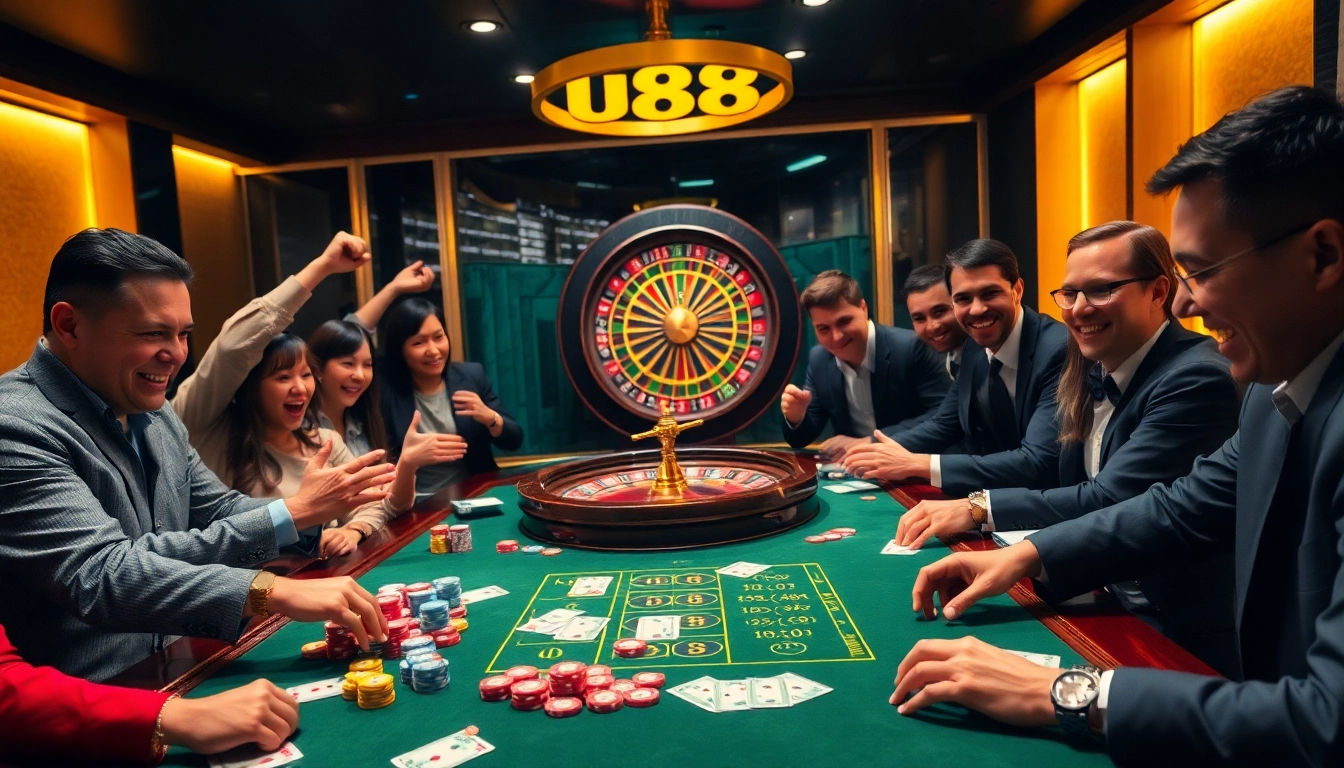 Excited players at a U88 casino table with colorful chips and sleek cards.