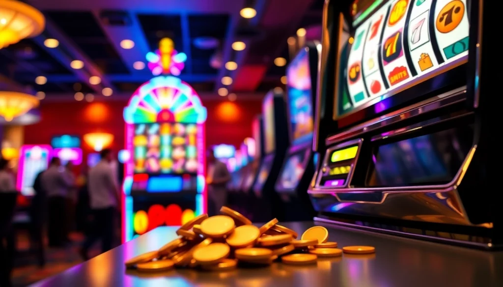 Melihat slot deposit 1k dengan mesin slot bersinar dan koin emas yang tumpah.