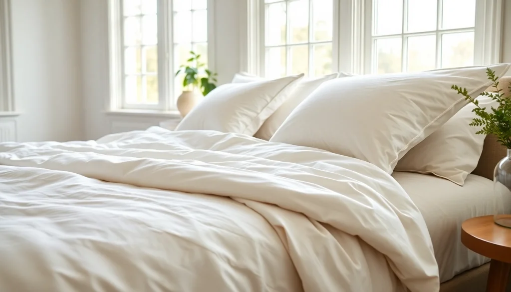 Ervaar de luxe van percale katoen met een prachtig opgemaakt bed en een zachte structuur.