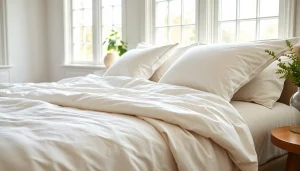 Ervaar de luxe van percale katoen met een prachtig opgemaakt bed en een zachte structuur.