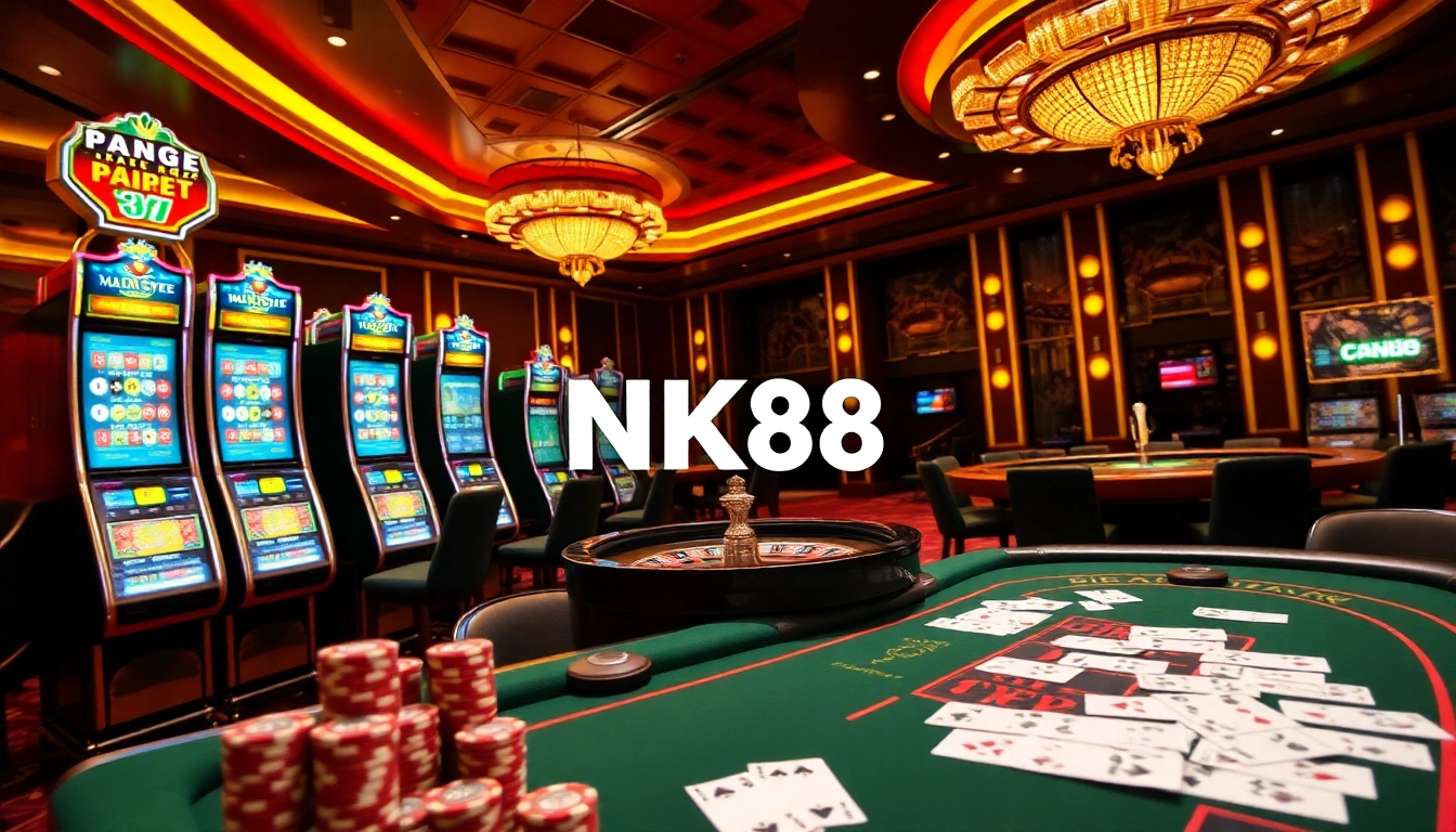 Engaging NK88 casino atmosphere showcasing diverse gambling activities and luxurious decor.
