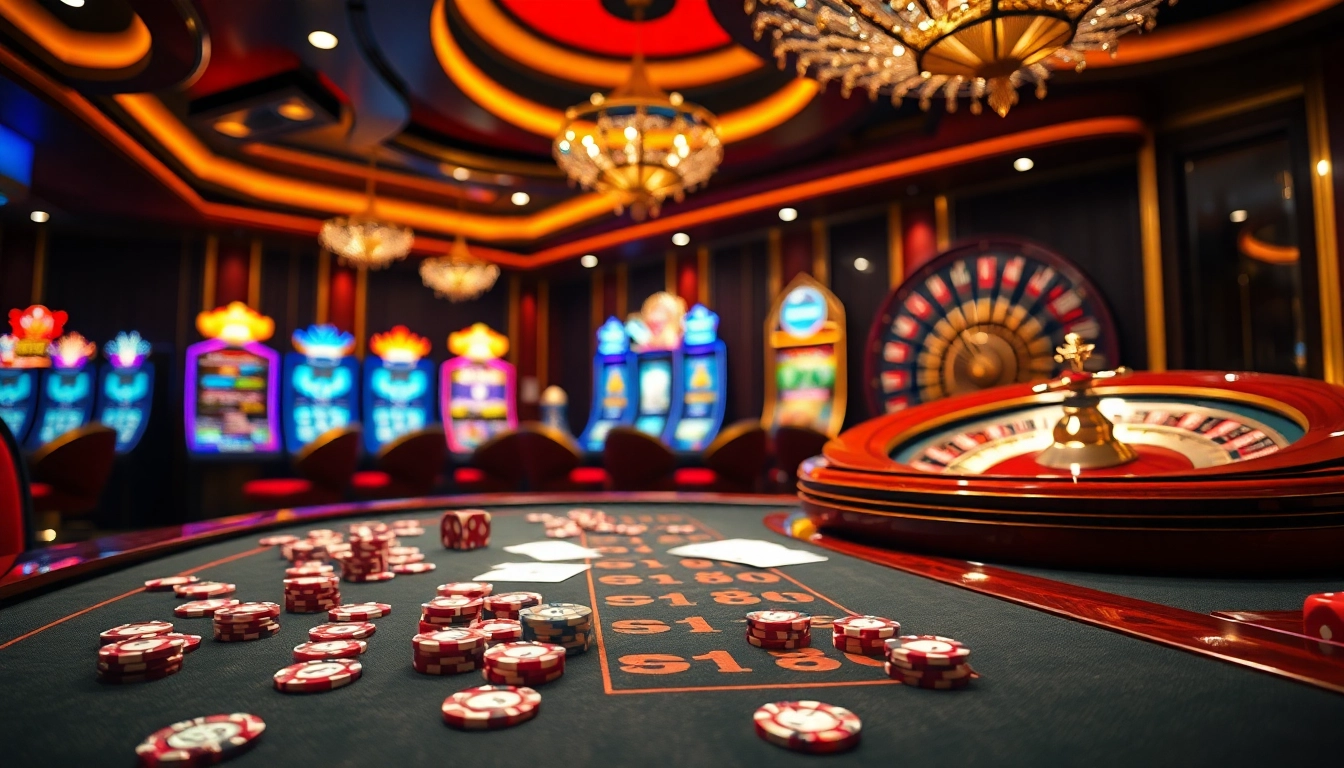 SHBET gaming table filled with chips and roulette wheel in an exclusive casino.