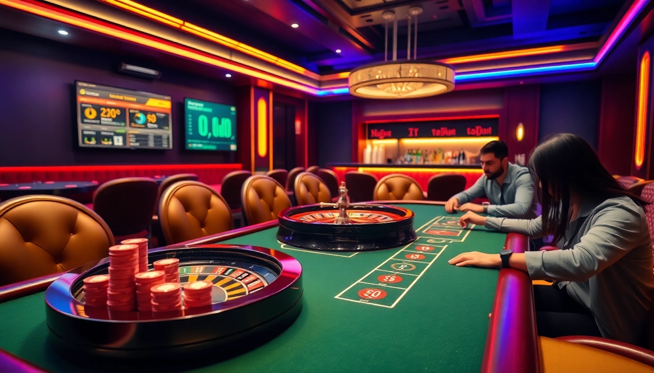 Adegan seru para pemain berbakat yang menikmati sumo togel di kasino online yang ramai, menyoroti meja berwarna cerah dan chip yang berkilauan.