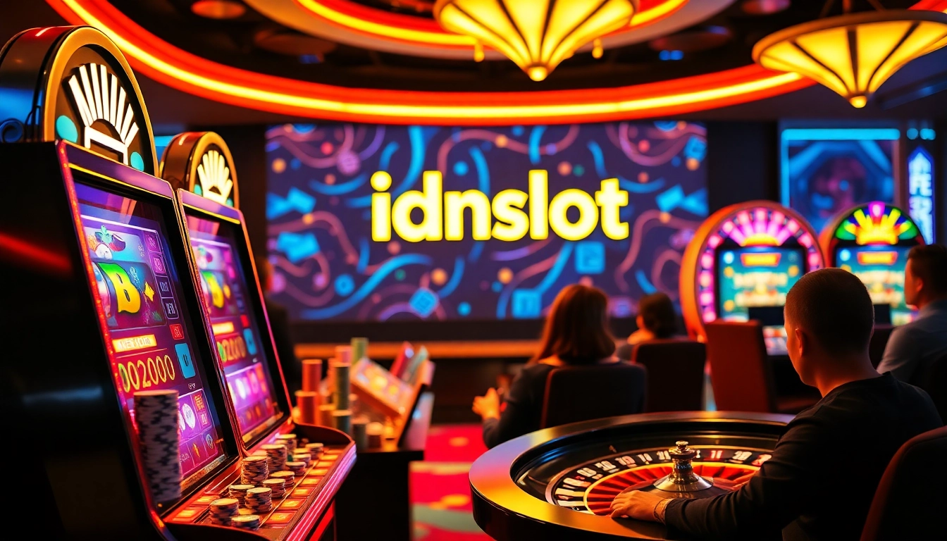 Engaging scene of gamblers playing idnslot games with vibrant slot machines and poker chips.