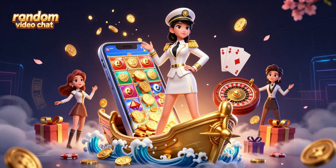 Engage in random video chat with vibrant elements like slot games and casino graphics.